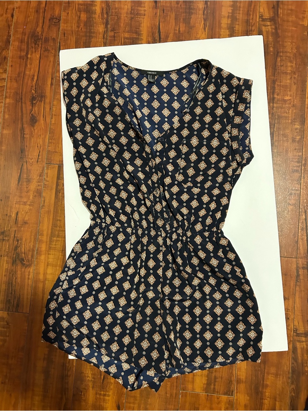 Forever 21 Navy Printed V-Neck Bodysuit Romper